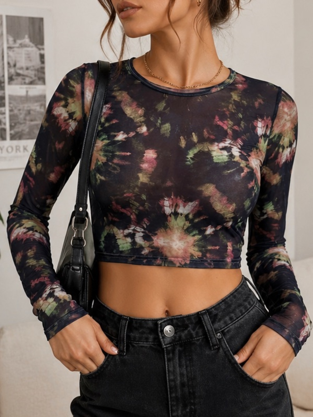 Sheer Tie Dye Mesh Crop Top | Y2K Long Sleeve Fitted Festival Top